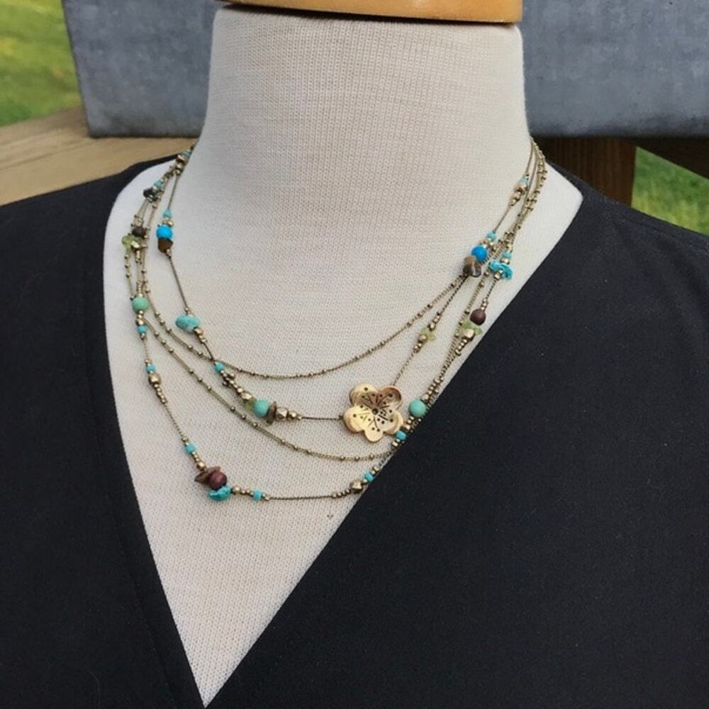 Bohm Layered gold tone flower semi-precious stone chip necklace
